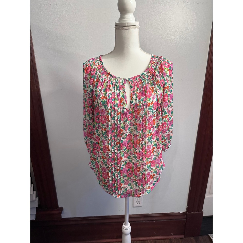Abercrombie & Fitch Pink Floral Smocked Keyhole Peasant Blouse Top Womens Medium